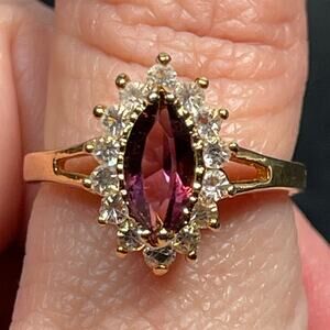 Vtg Marquis Amethyst Glows Clear Rhinestones Gold Tone Ring Signed Korea Size 8